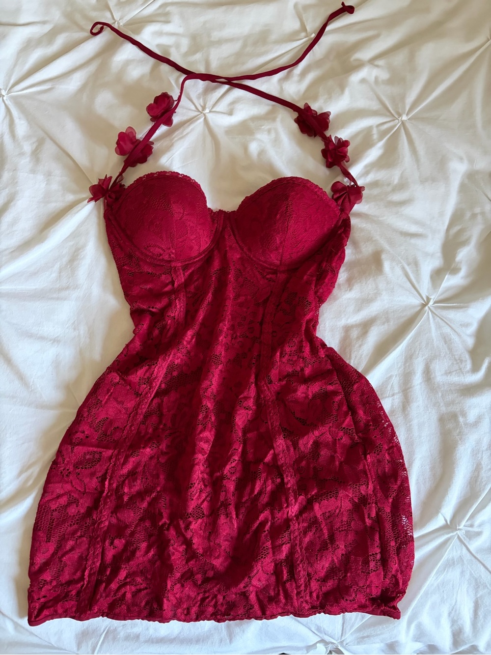 Red Burgandy Bustier Lace Halter Bodycon Dress with floral applique on straps